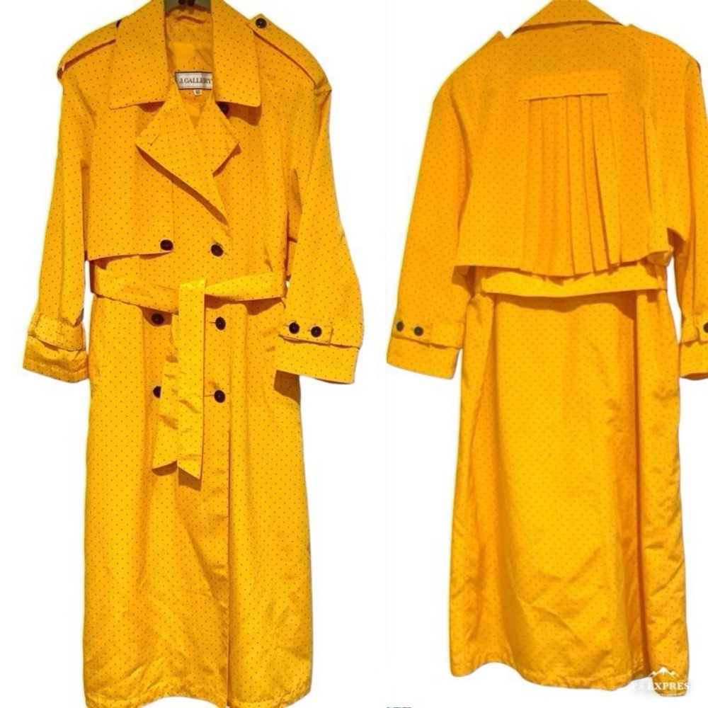 VTG 80s J Gallery Yellow Black Polka Dot Trench/Rain Coat Pleated Back Size 5/6